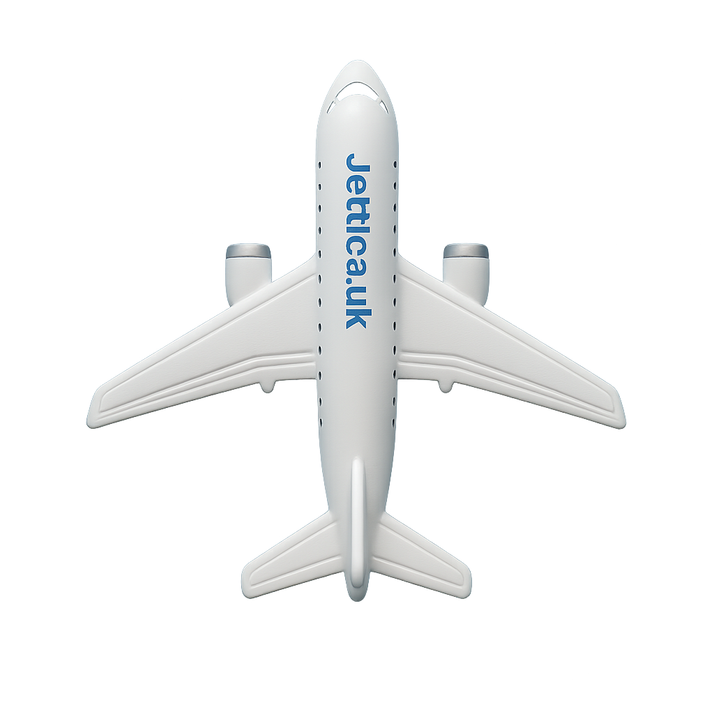 Overhead view of a toy airplane branded with Jettica.uk, designed for UK travel-themed websites