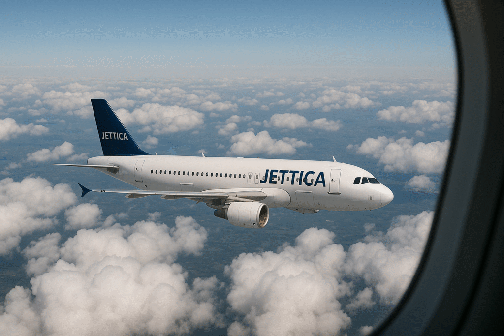 A Jettica airplane flying above the clouds, viewed from another plane window, symbolizing premium air travel, flights, and worldwide adventures with Jettica UK.